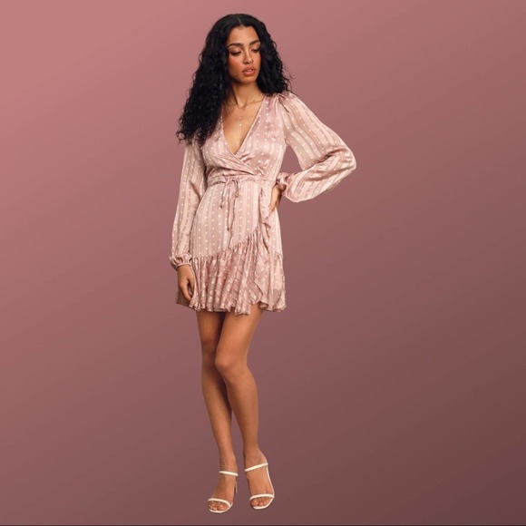 Lulus (L) Spotlight Moment Mauve Pastel Pink Polka Dot Chiffon Ruffle Mini Dress - Picture 1 of 9